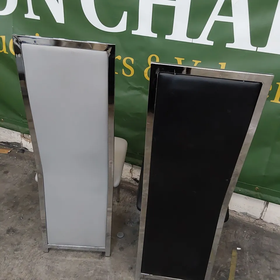 TWO DESIGNER CHROME FRAMED HIGH BACKED DINING CHAIRS, BLACK PU & GREY PU.