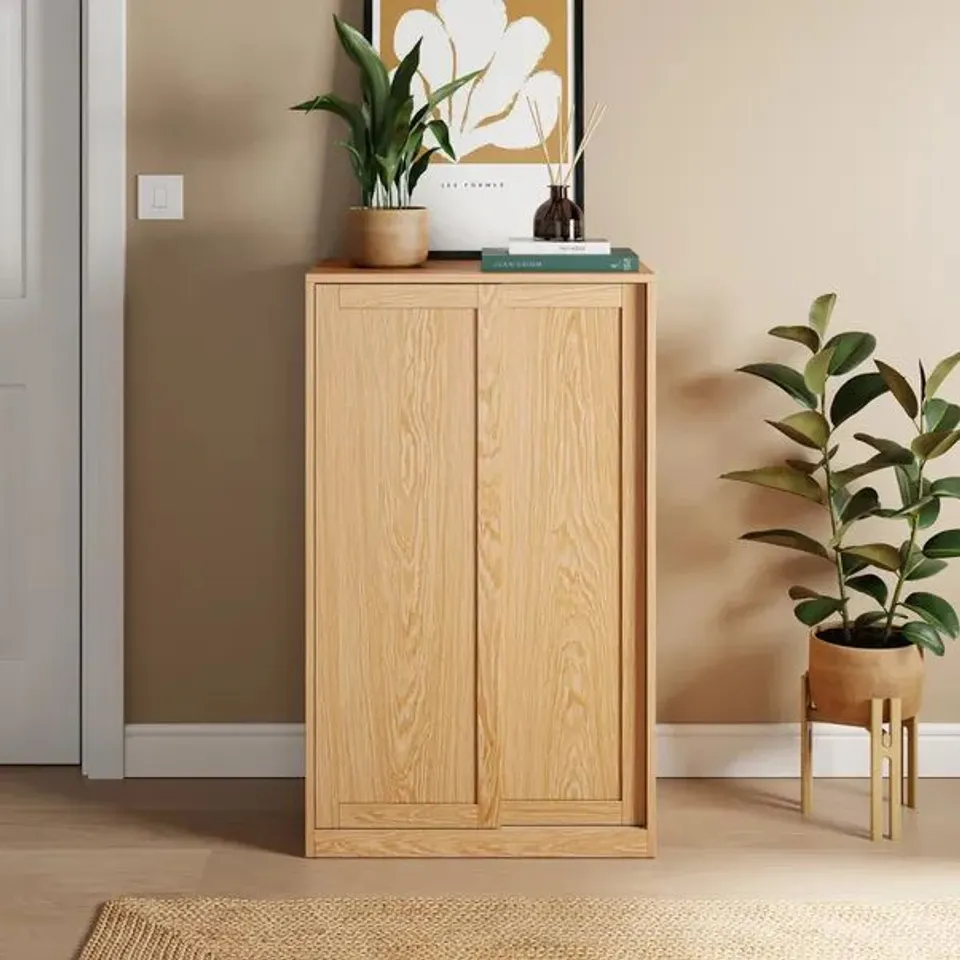 BOXED ELOISE SLIDING SHOE STORAGE CABINET - LIGHT OAK (1 BOX)