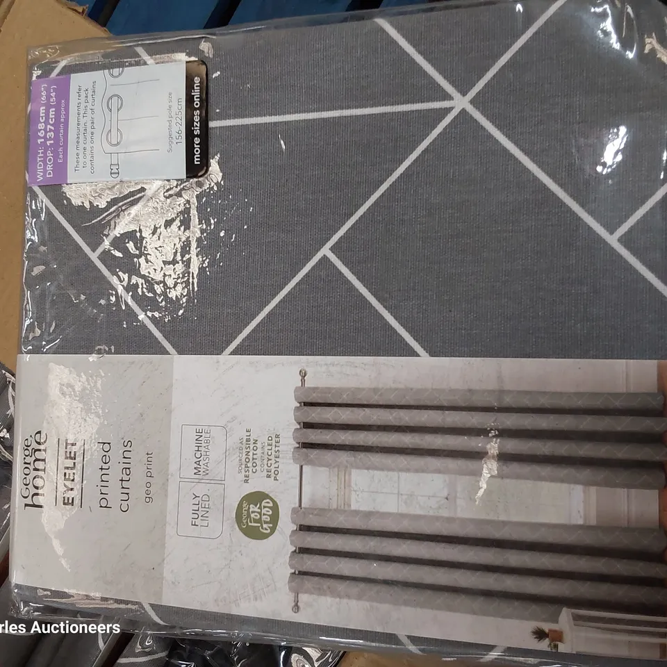 BOX OF EIGHT PAIRS OF BRAND NEW EYELET PRINTED GEO PRINT GREY CURTAINS 168 × 137cm