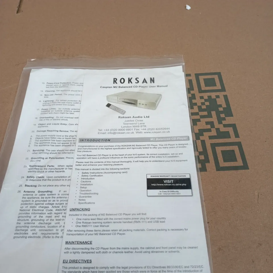 ROKSAN CASPIAN M2 BALANCED CD PLAYER BOXED WITH MANUAL