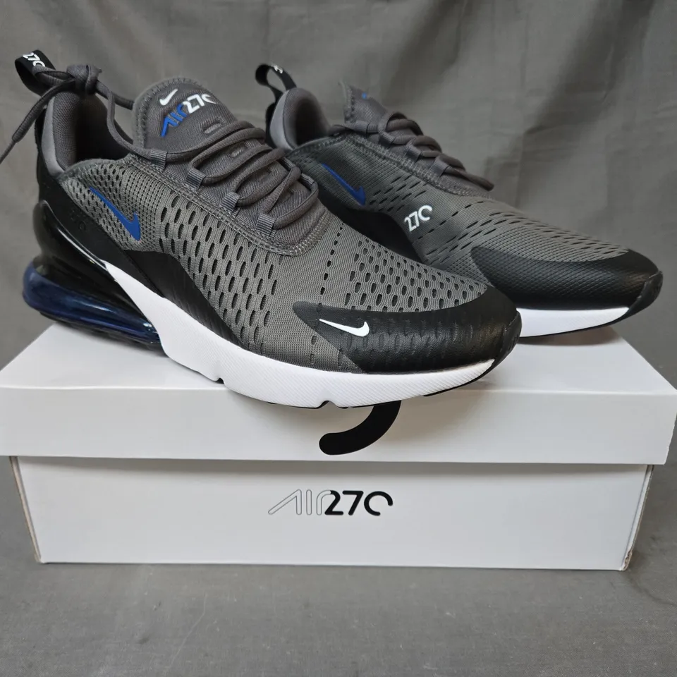 BOXED PAIR OF NIKE AIR MAX 270 SHOES IN GREY/BLACK/BLUE UK SIZE 11