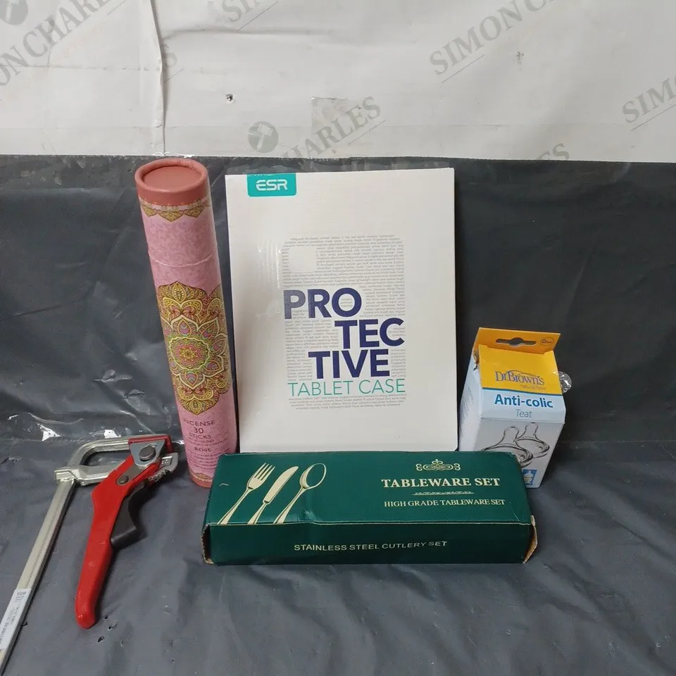 BOX OF APPROXIMATELY 20 ASSORTED HOUSEHOLD ITEMS TO INCLUDE TABLEWARE CUTLERY SET, INCENSE STICKS AND TABLET CASES
