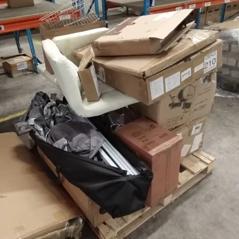 PALLET OF ASSORTED HOUSEHOLD GOODS AND PRODUCTS TO INCLUDE; BARSTOOLS, DISH RACK, GAZEBO, DRUM KIT ETC