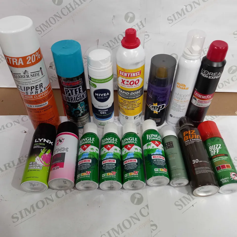 LOT OF APPROX 16 ASSORTED AEROSOLS TO INCLIUDE BUG REPELLENT, BODY SPRAY, SHAVING GEL ETC