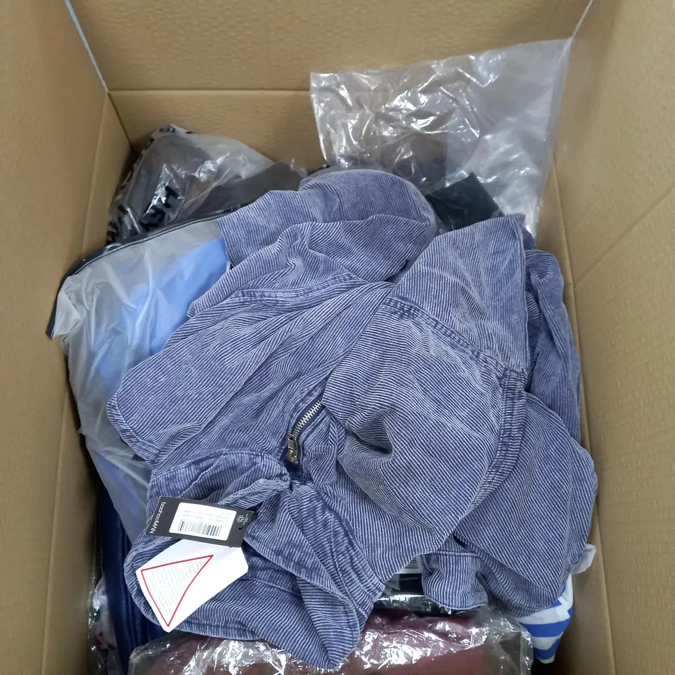 BOX OF ASSORTED CLOTHING ITEMS TOO INCLUDE JUMPERS, SHIRTS AND TROUSERS IN VARIOUS SIZES AND COLOURS   