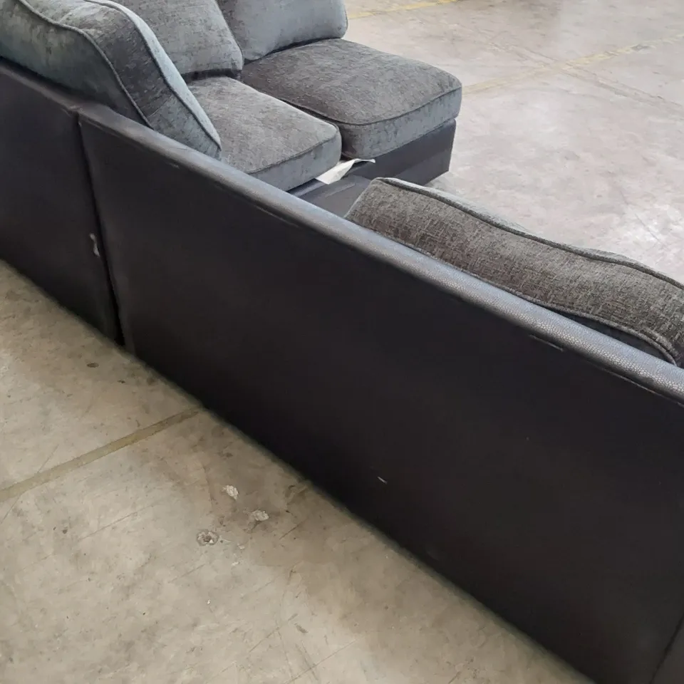 TWO SOFA SECTIONS BLACK FAUX LEATHER & GREY FABRIC