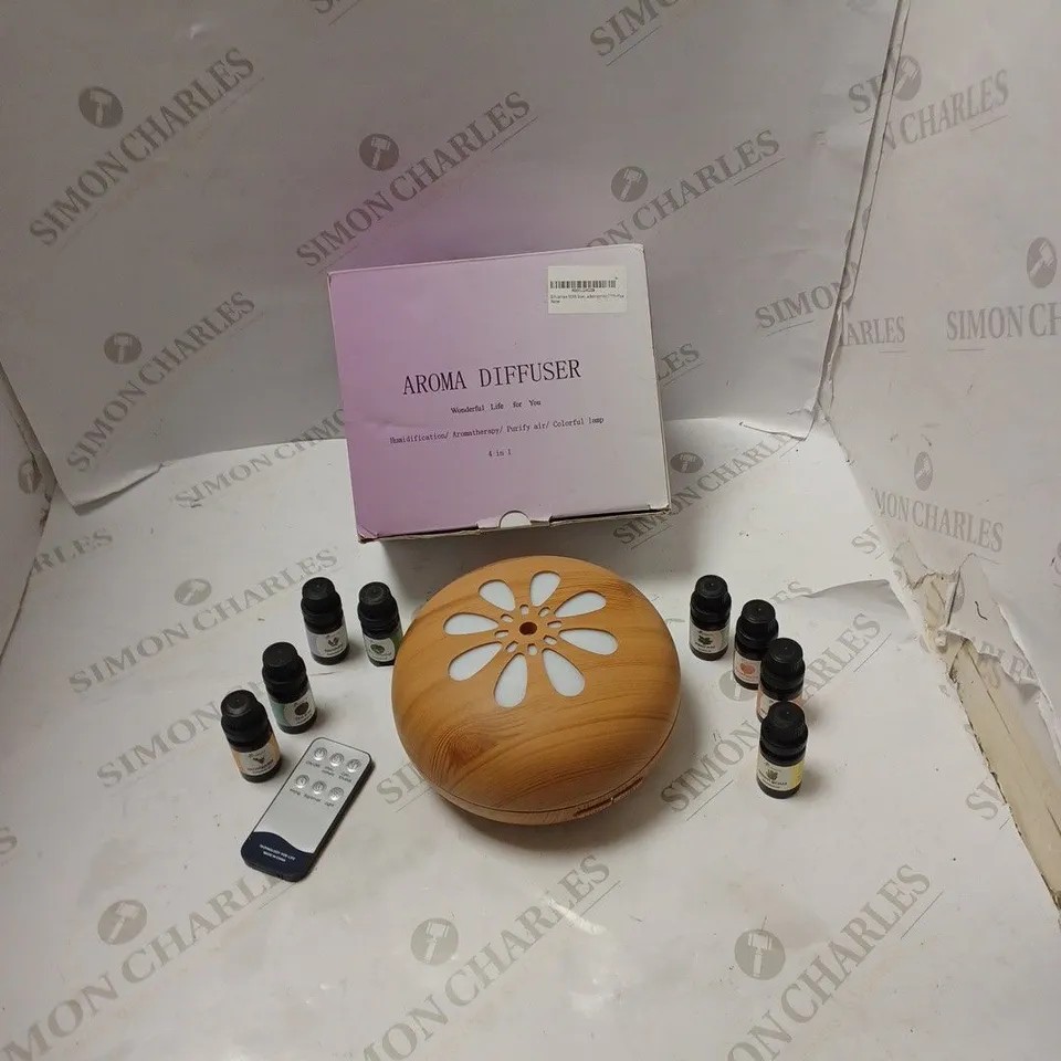 BOXED LAMP AND DIFFUSER WITH POWER SUPPLY, REMOTE CONTROL AND EIGHT ASSORTED OILS