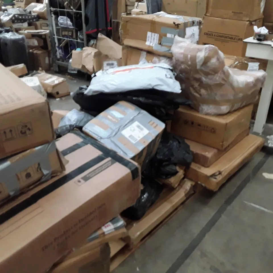 PALLET TO CONTAIN AN ASSORTMENT OF INCOMPLETE FLAT PACK FURNITURE PARTS POP UP TENTS AND CHAIRS ECT 