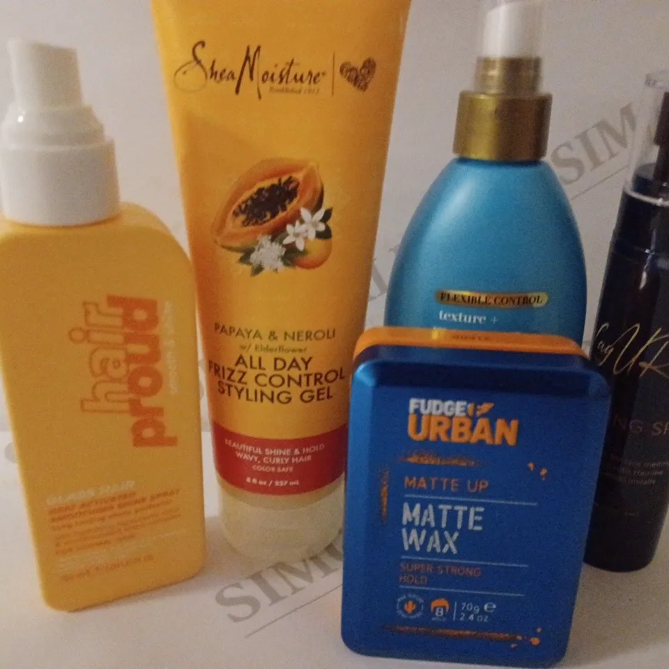 LOT OF 5 ASSORTED HAIR PRODUCTS TO INCLUDE SHEA MOISTURE STYLING GEL, FUDGE URBAN MATTE WAX. HAIR PROUD SMOOTHING SHINE SPRAY, FLEXIBLE CONTROL SEA SALT SPRAY AND LAY UR LACE MELTING SPRAY