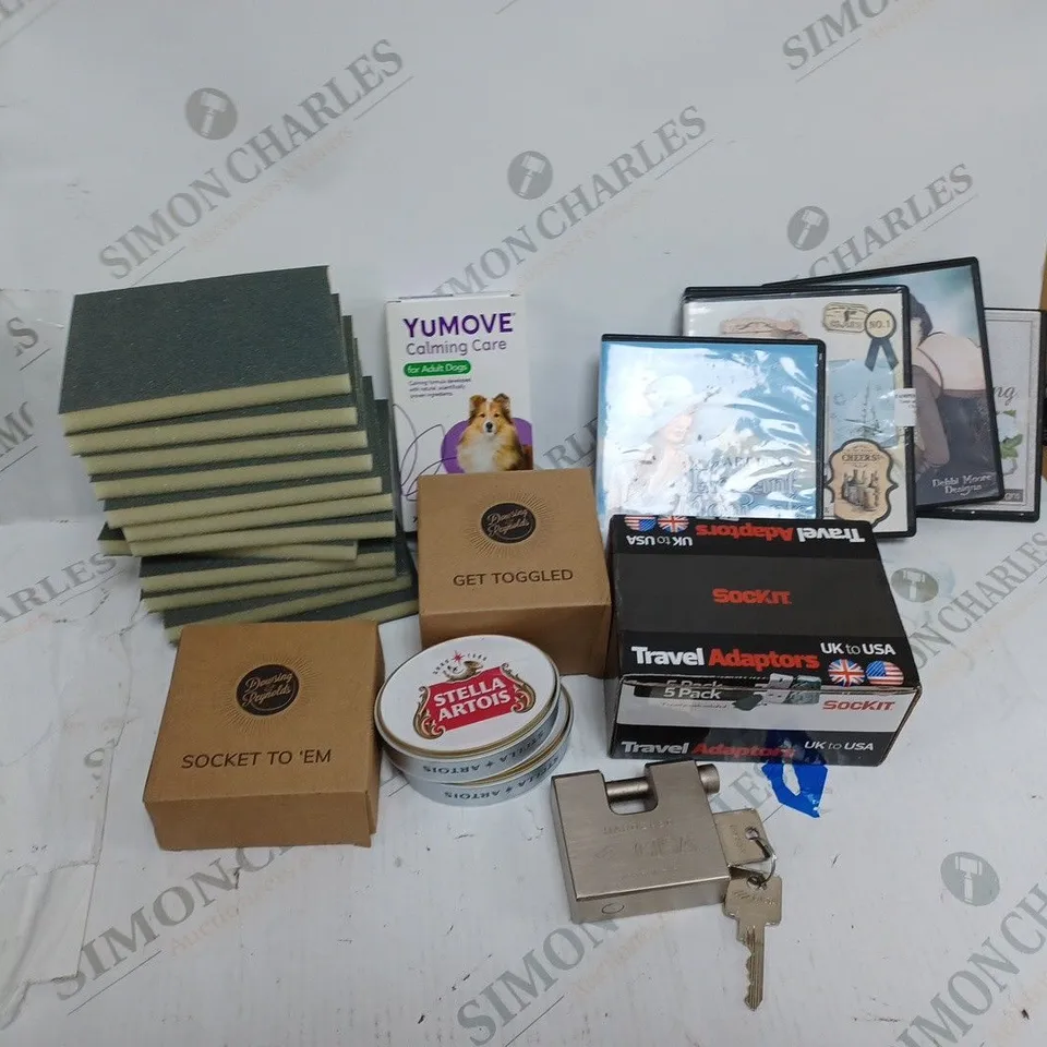 LOT OF HOUSEHOLD ITEMS TO INCLUDE TRAVEL ADAPTERS, LOCK AND KEY, ETC