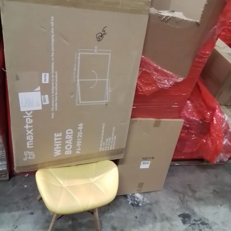 PALLET OF ASSORTED HOUSEHOLD GOODS AND PRODUCTS TO INCLUDE;WHITE BOARD,STOOL CHAIR,PICTURE FRAME