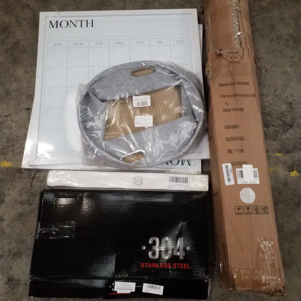 PALLET CONTAINING ASSORTED PRODUCTS INCLUDING CHICKEN FENCE, STAINLESS STEEL FAUCET, DOG TOY STORAGE & FRAMED WEEKLY PLANNER
