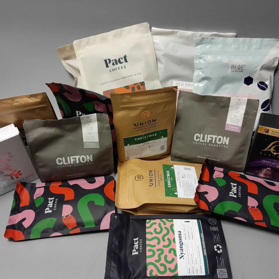 APPROXIMATELY 15 ASSORTED FOOD & DRINK ITEMS TO INCLUDELOR BARISYA EXTRA LONG XXL CAPSULES (10), PACT COFFEE BOURBON CREAM ESPRESSO (250g), HOTEL CHOCOLAT FESTIVE COLLECTION (145g), ETC