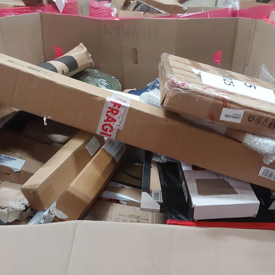 PALLET OF ASSORTED ITEMS INCLUDING: CEILING FAN LIGHT, BALANCE SCOOTER, MULTIFUNCTIONAL FITNESS BOARD, PULL-UP BARS, RUG, TOILET SAFETY RAILS ECT
