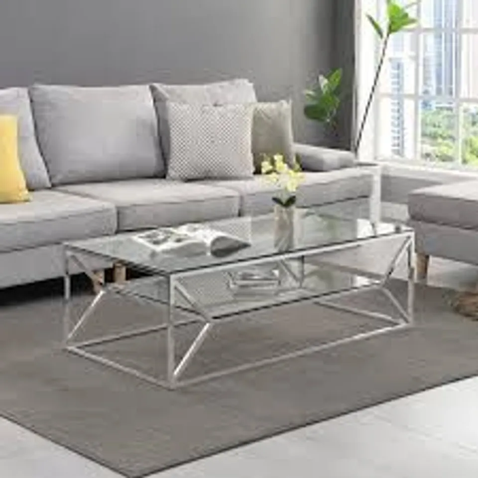 BRAND NEW BOXED BALNAIN CLEAR GLASS TOP COFFEE TABLE WITH SILVER FRAME (1 BOX)