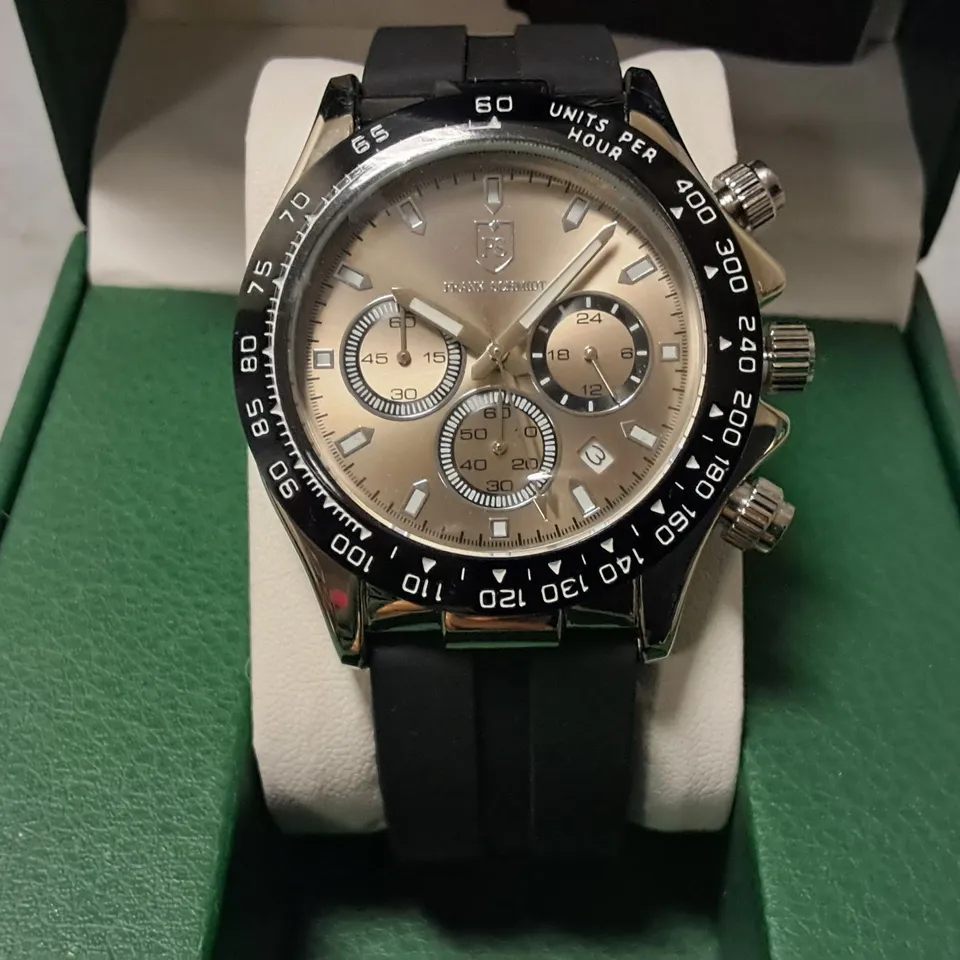 FRANK SCHMIDT STAINLESS STEEL CHRONOGRAPH WATCH WITH BLACK RUBBER STRAP