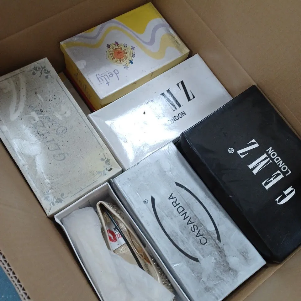 BOX OF APPROXIMATELY 20 ASSORTED SHOES TO INCLUDE BLACK HEELS, GOLD HEELS, PINK FLIP FLOPS ETC