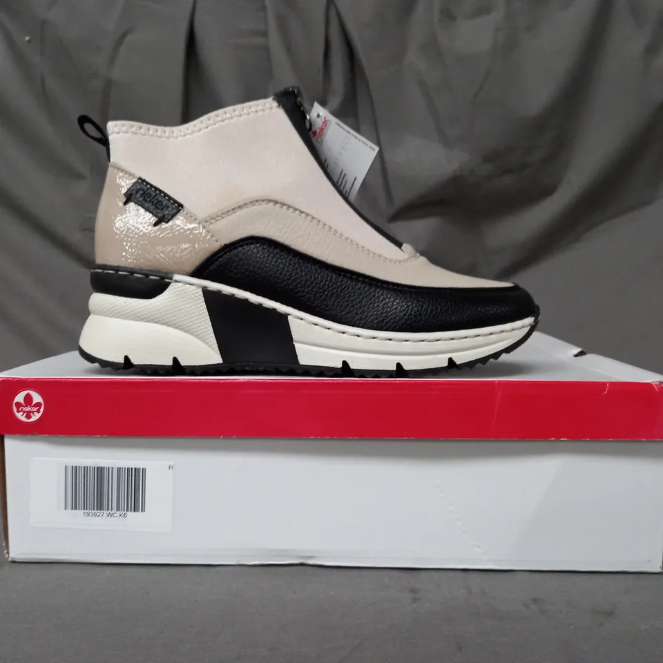 BOXED PAIR OF RIEKER HI-TOP TRAINERS IN BEIGE SIZE 6