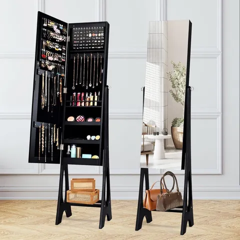 BOXED COSTWAY BLACK FREESTANDING MIRROR WITH JEWELLERY CABINET 32 X 110CM