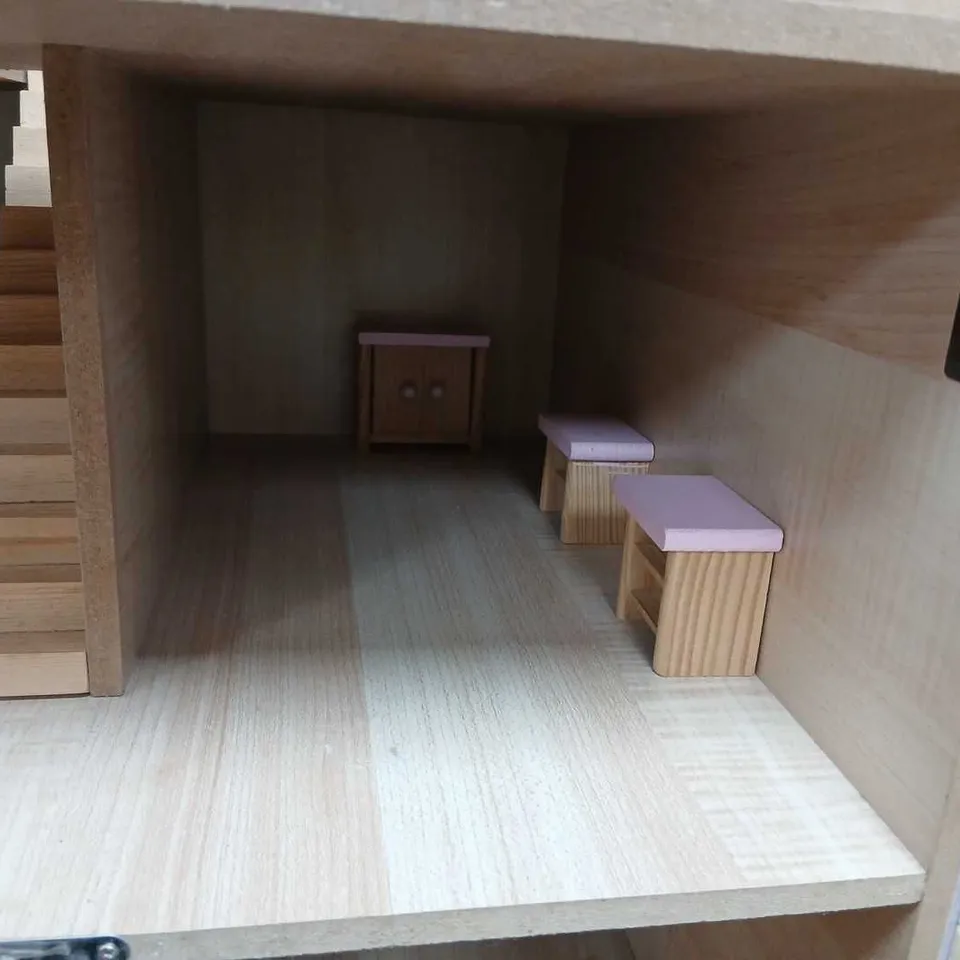 VINTAGE WOODEN DOLL'S HOUSE WITH MINIATURE FURNITURE – PINK EXTERIOR, 3-STOREY