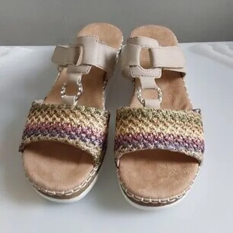 BOXED PAIR OF RIEKER SLIP-ON WEDGE SANDALS IN BEIGE SIZE 40