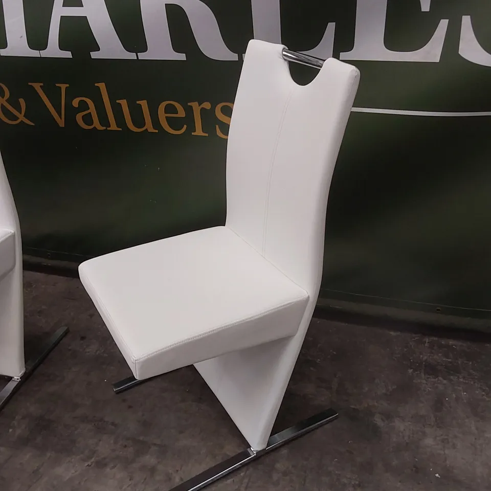 SET OF 4 DESIGNER MINIMALIST FAUX LEATHER DINING CHAIRS - WHITE/CHROME 