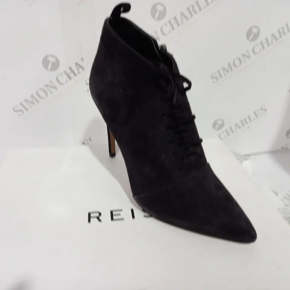 BOXED REISS SUEDE CHOCOLATE BOOT HEELS - SIZE 5