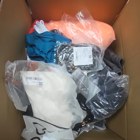 LARGE BOX OF APPROXIMATELY 25 ASSORTED CLOTHING ITEMS IN VARIOUS COLOURS, STYLES AND SIZES - COLLECTION ONLY