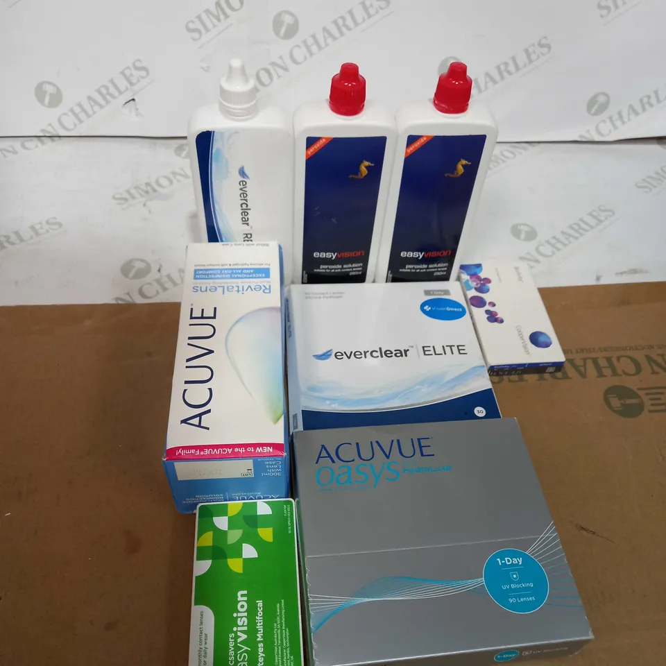BOX OF ASSORTED MEDICAL APPLIANCES TOO INCLUDE NICORETTE PATCHES , EYE LENSES AND EYE DROPS 