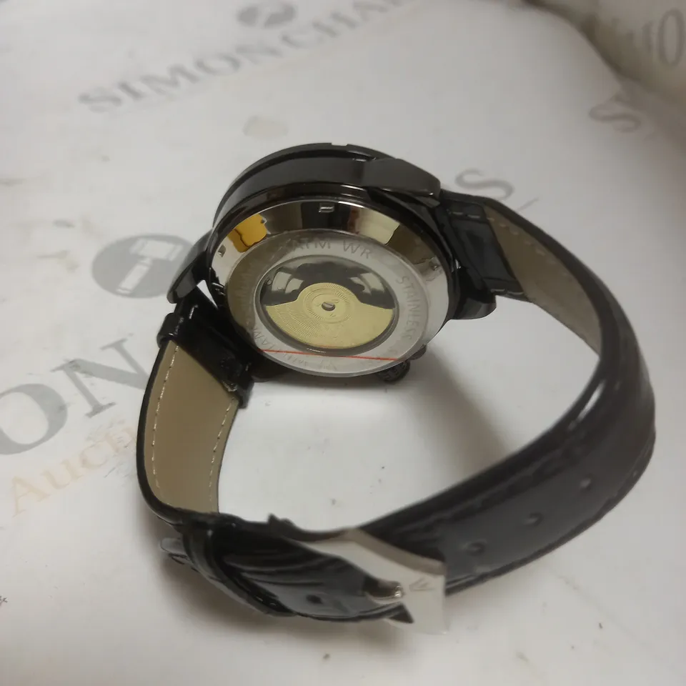 MENS WILLIAM JOURDAIN AUTOMATIC 2580 WATCH – OPEN HEART MOVEMENT WITH SUB DIALS – GLASS EXHIBITION BACK CASE – BLACK GENUINE LEATHER STRAP