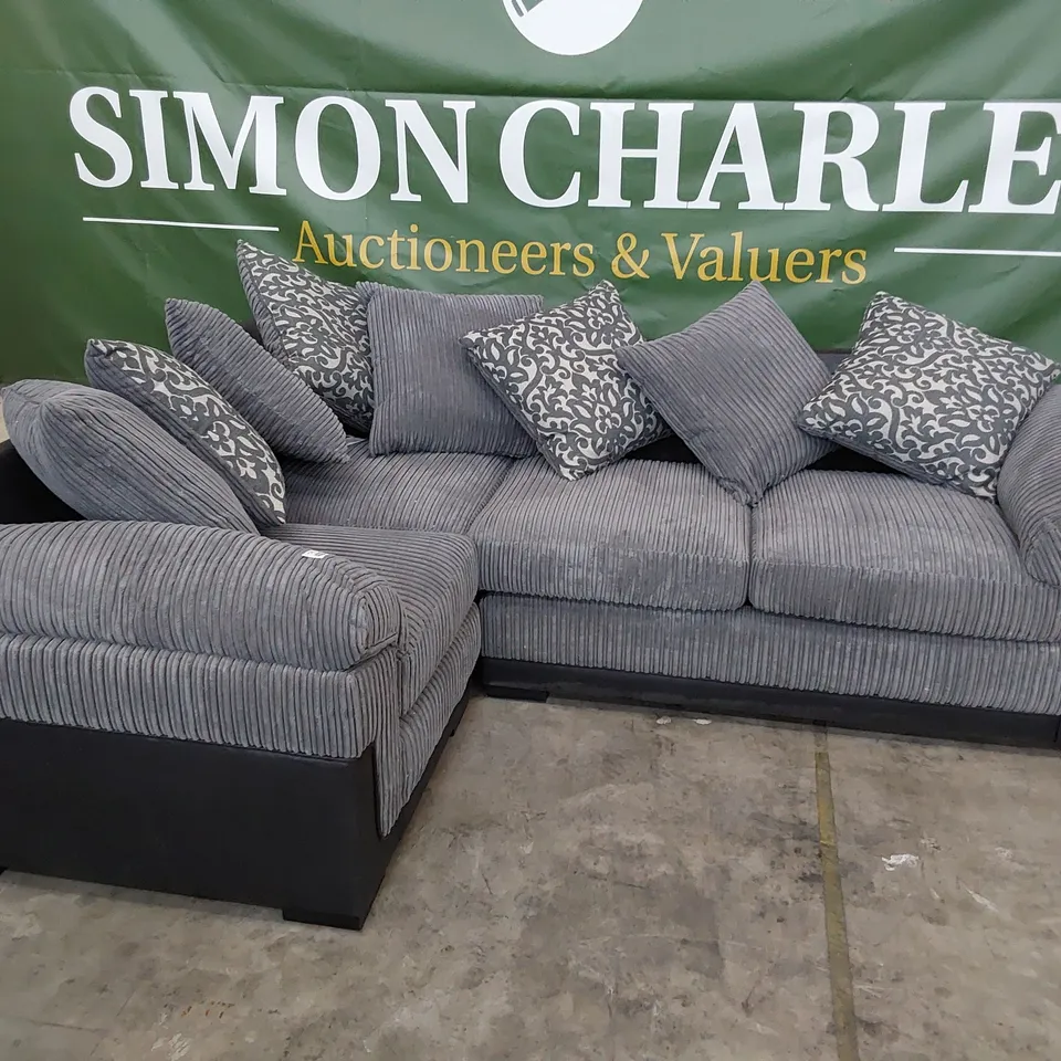 DESIGNER CORNER GROUP WITH SCATTER CUSHIONS BLACK FAUX LEATHER & GREY JUMBO CHORD 