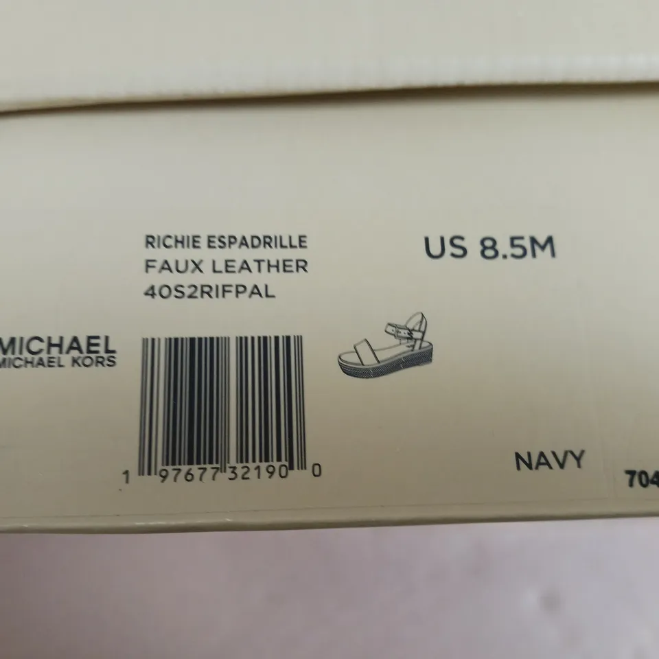 BOXED PAIR OF MICHAEL KORS RICHIE ESPADRILLE FAUX LEATHER SHOES IN NAVY - US 8.5M