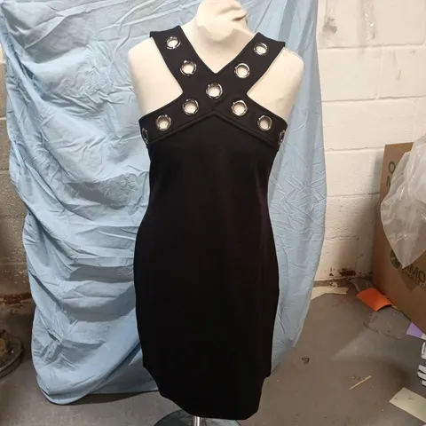 KAREN MILLEN PONTE EYELET HALTER DRESS – BLACK – UK 12