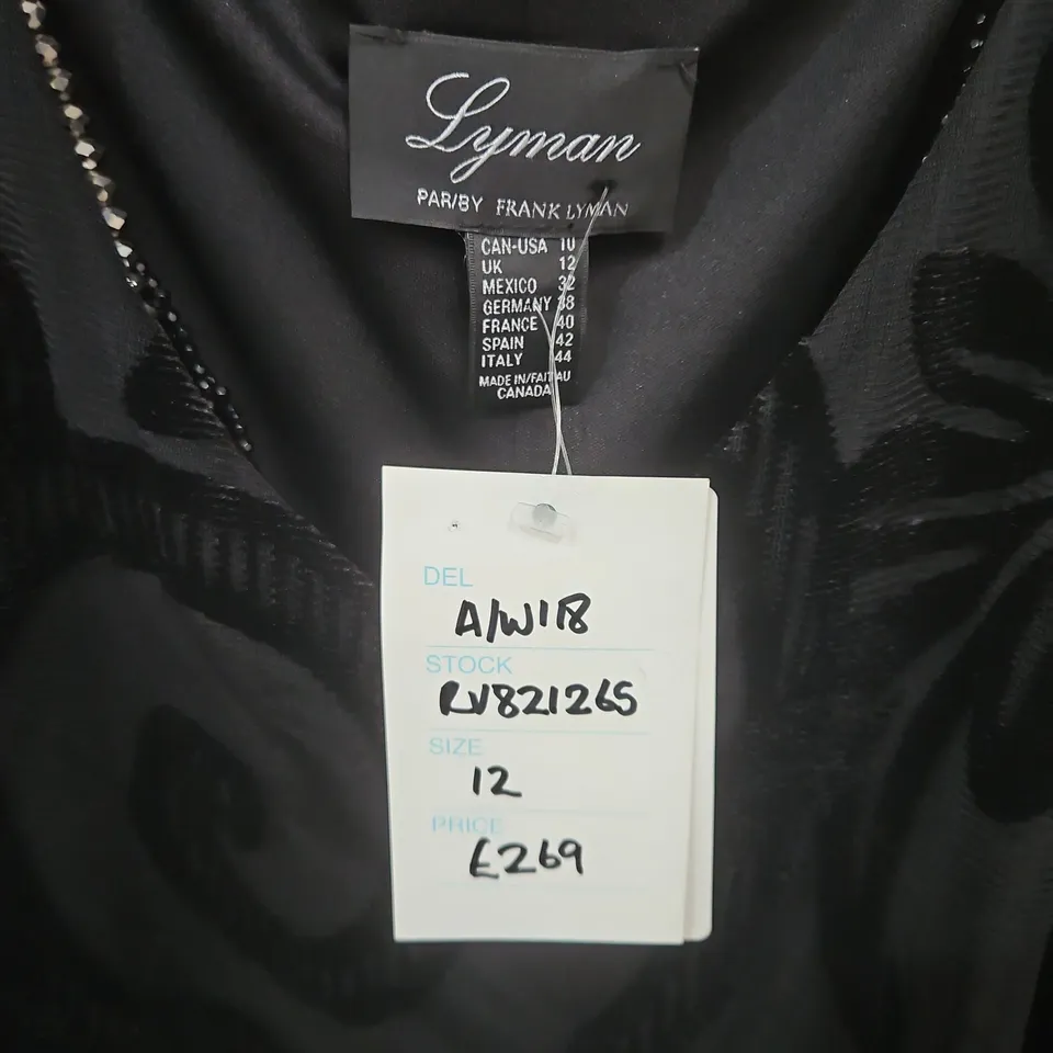 LYMAN BY FRANK LYMAN BLACK EVENING DRESS WITH MESH OVERLAY – UK SIZE 12 (AW18)