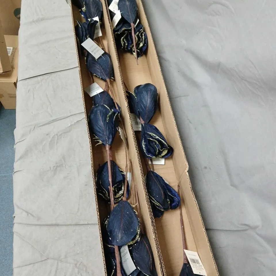 LOT OF APPROXIMATELY 24 GISELLA GRAHAM LONDON BLUE VELVET ARTIFICIAL LEAVES ON STEMS