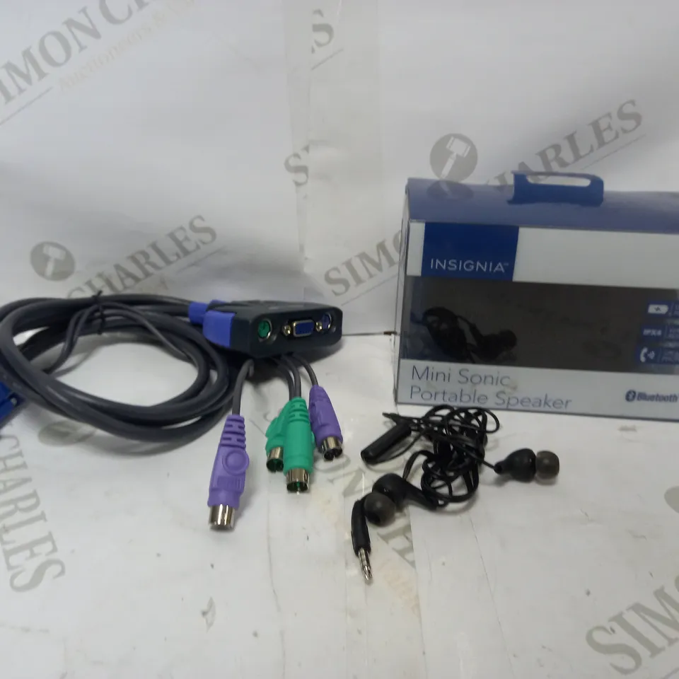 LOT OF 3 ELECTRICALSS TO INCLUDE INSIGNIA MINI SONIC PORTABLE SPEAKER, JVC GUMMY PLUS EARBUDS, ATEN PETITE 2 PORT PS/2 KVM SWITCH