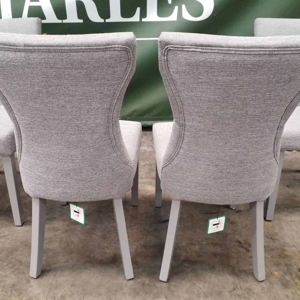 SET OF 4 BEWLEY LIGHT GREY FABRIC BUTTON BACK DINING CHAIRS (GREY LEG)