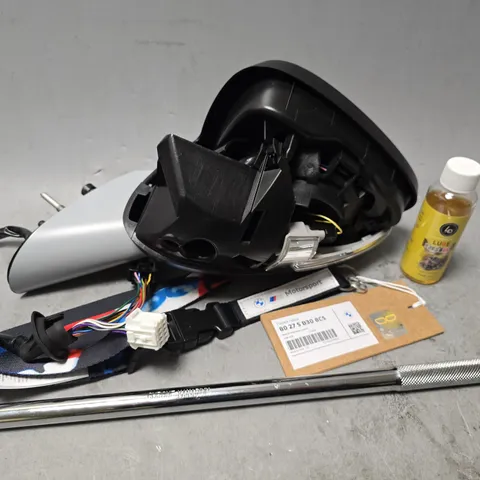 BOX OF APPROXIMATELY 25 ASSORTED ITEMS TO INCLUDE - BMW MOTORSPORT LANYARD , ENGINE LUBE , RATCHET ETC