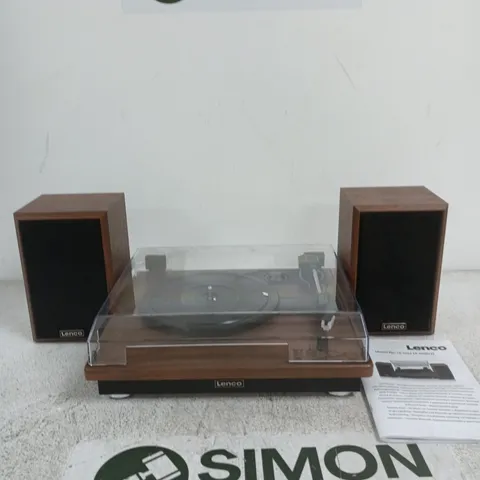LENCO LS-100 TURNTABLE WITH TWO WOODEN SPEAKERS – CLEAR DUST COVER & MANUAL