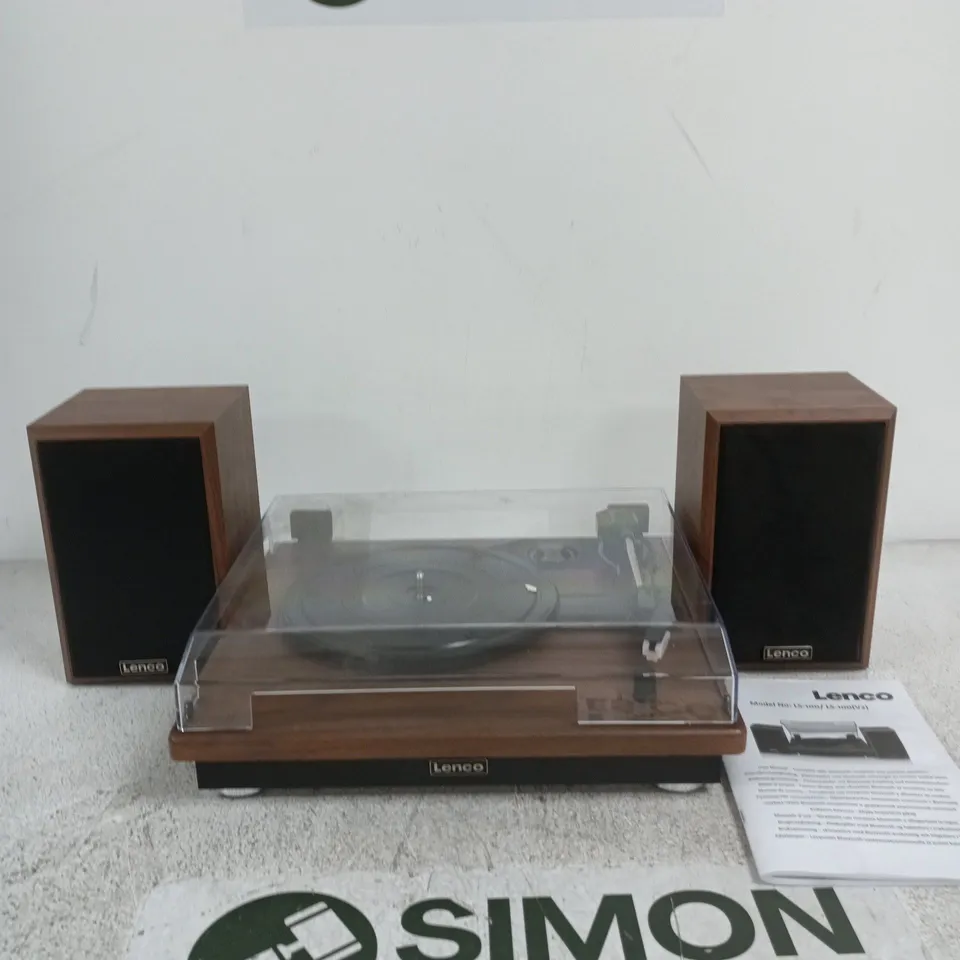 LENCO LS-100 TURNTABLE WITH TWO WOODEN SPEAKERS – CLEAR DUST COVER & MANUAL