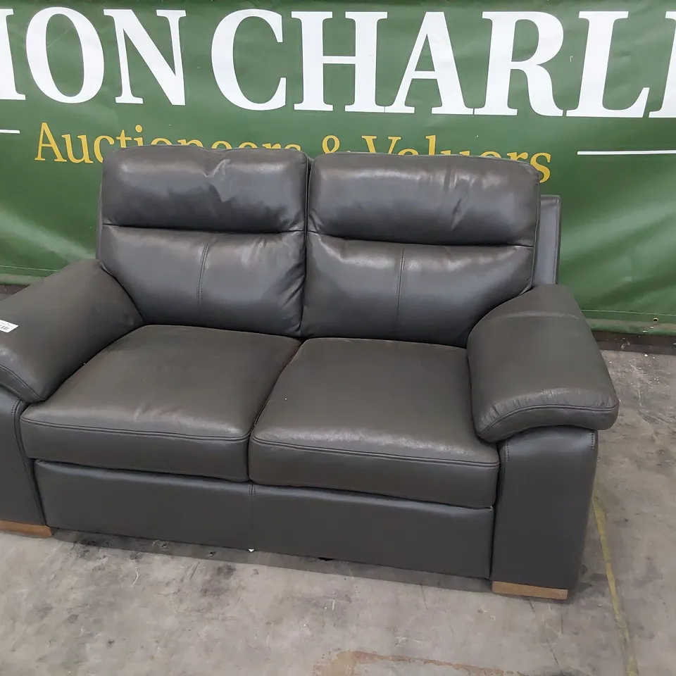 DESIGNER TWO SEATER SOFA STEEL GREY LEATHER 