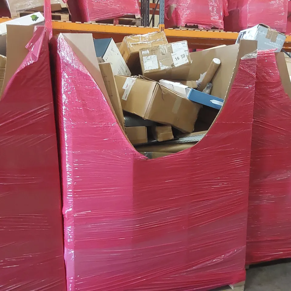 PALLET OF ASSORTED ITEMS INCLUDING: CEILING FAN LIGHT, RETRACTABLE GATE, ADJUSTABLE CPAP ADJUSTABLE FOAM PILLOW, SHELVES, COMFORT CUSHION ECT