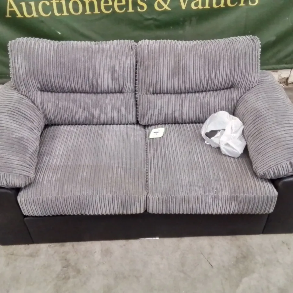 QUALITY DESIGNER GREY CORDUROY FABRIC UPHOLSTERED 2 SEATER SOFA