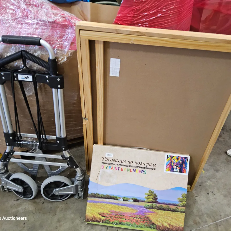 PALLET OF ASSORTED ITEMS TO INCLUDE, PET BED, MEMORY FOAM MATTRESS, PAINT BY NUMBERS KIT, WOODEN FOLDING EASEL, FOLDING LUGGAGE CARRIER.