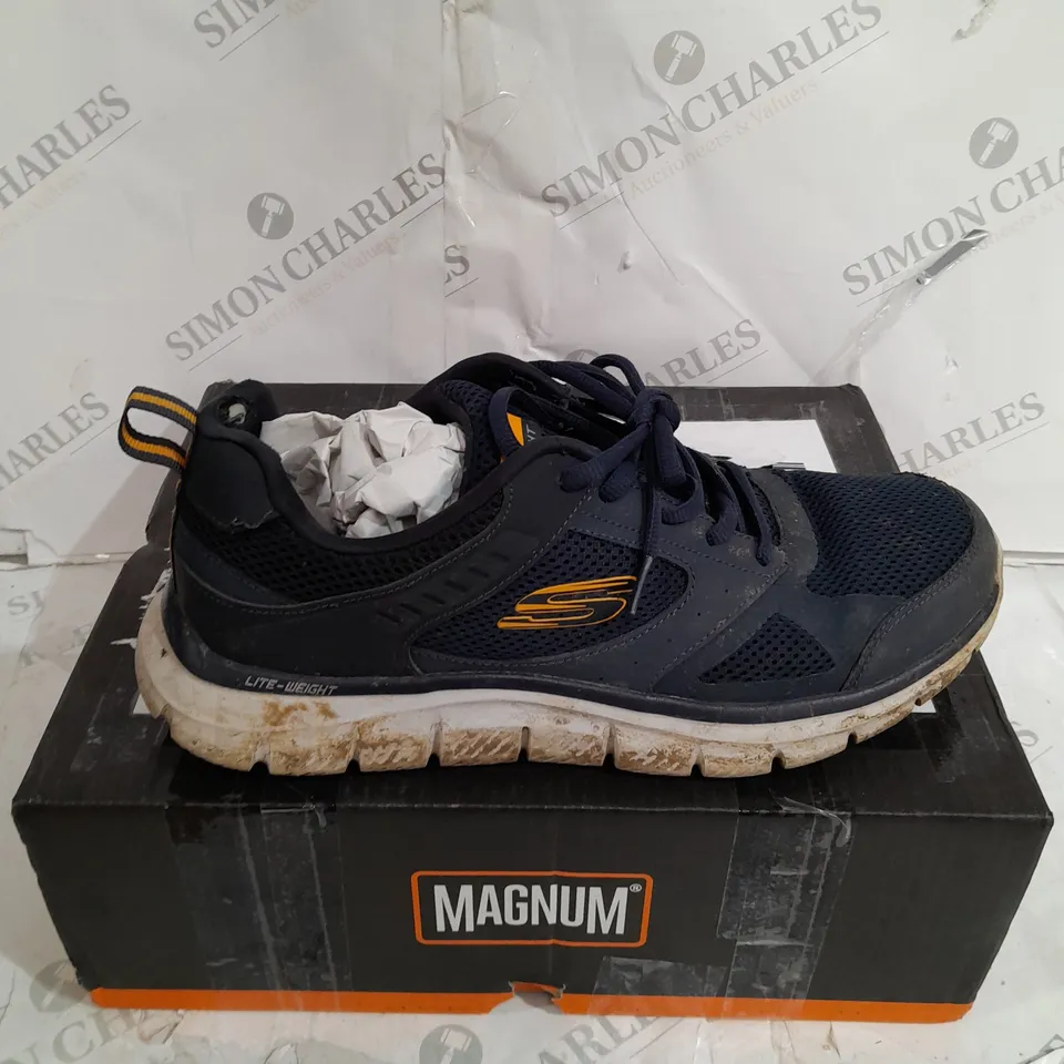 BOXED PAIR OF SKETCHERS TRACK TRAINER IN BLUE/WHITE SIZE 10