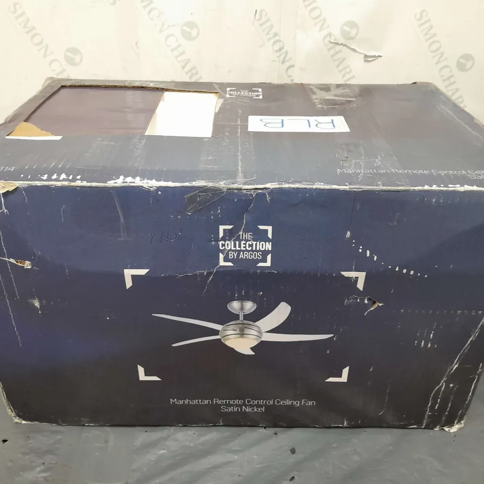 BOXED MANHATTAN REMOTE CONTROL CEILING FAN IN SATIN NICKEL (MISSING PARTS)