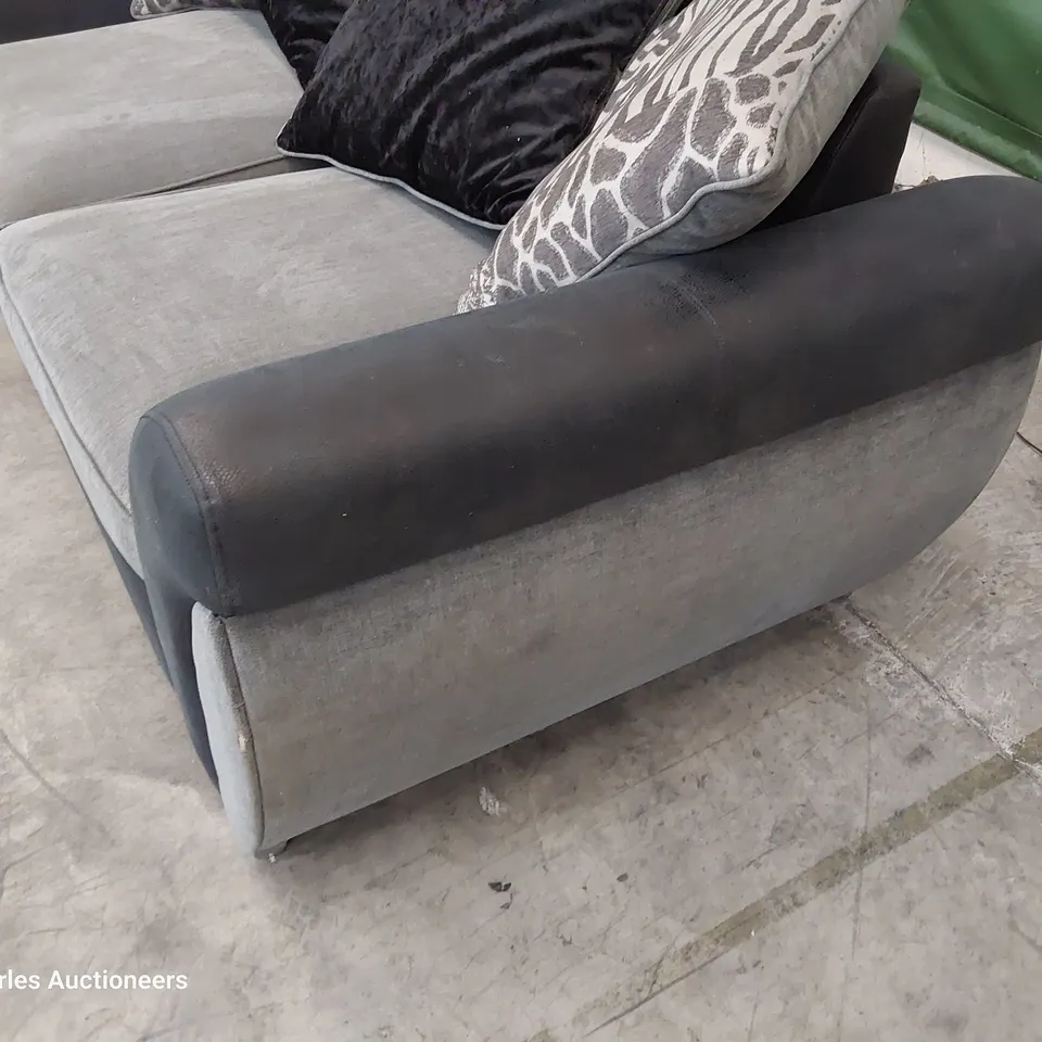 DESIGNER METAL ACTION SOFA BED WITH SCATTER CUSHIONS BLACK FAUX LEATHER & GREY FABRIC 