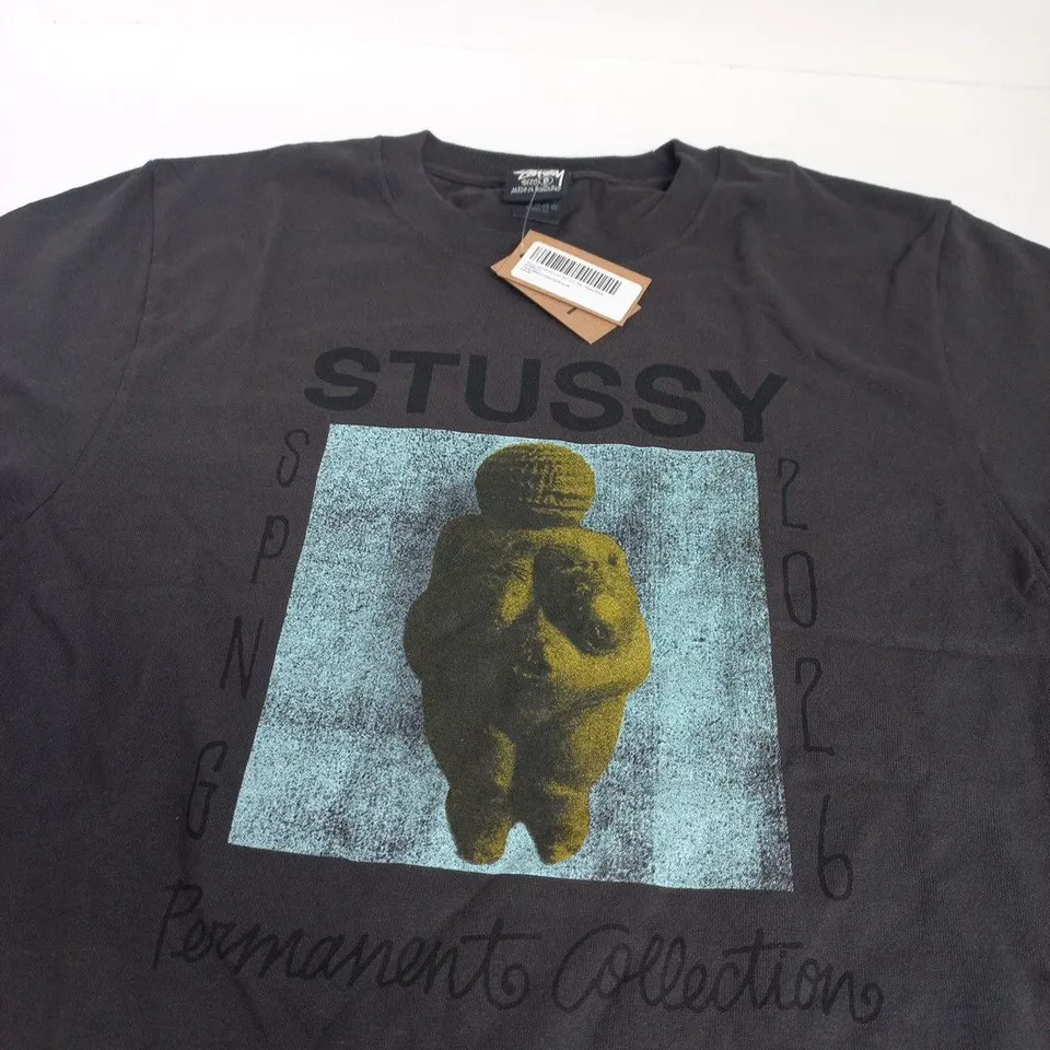 STUSSY BLACK T‑SHIRT WITH PERMANENT COLLECTION GRAPHIC - SIZE SMALL