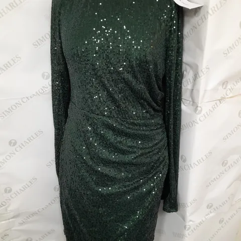 LITTLE MISTRESS RUCHED SEQUINED LONG SLEEVE MINI DRESS IN EMERALD GREEN SIZE 16