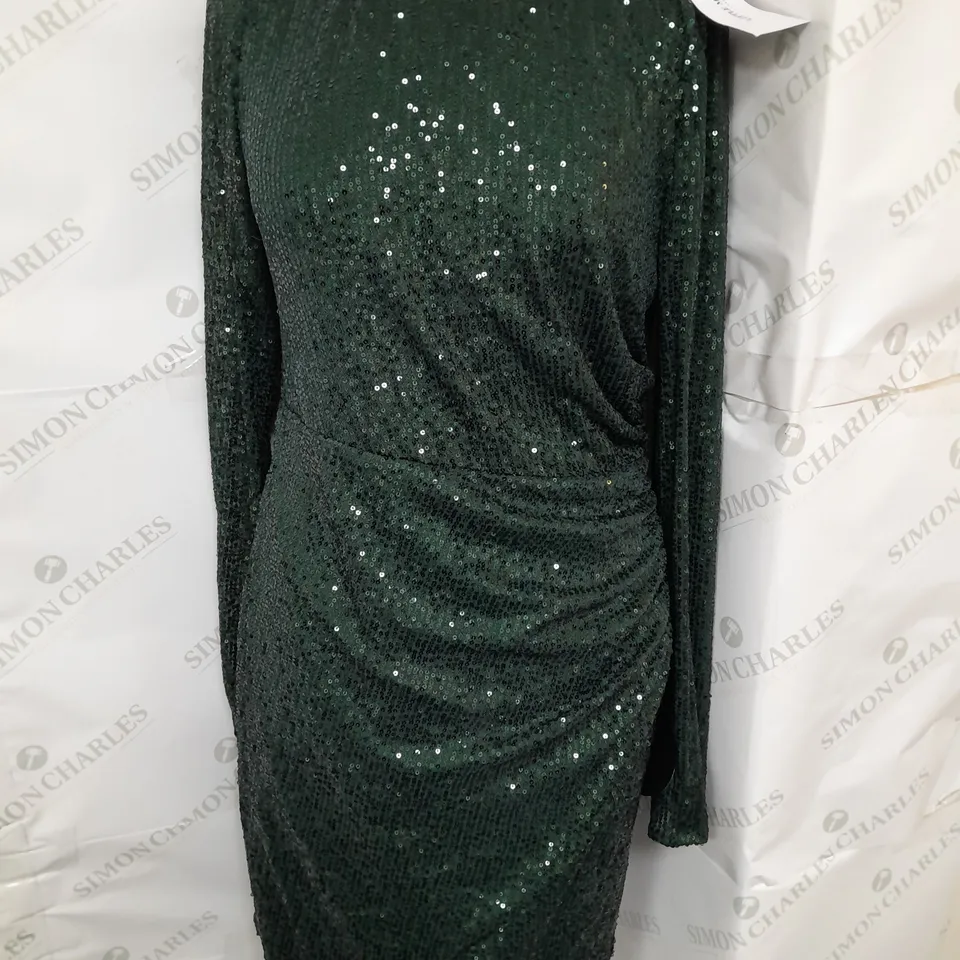 LITTLE MISTRESS RUCHED SEQUINED LONG SLEEVE MINI DRESS IN EMERALD GREEN SIZE 16
